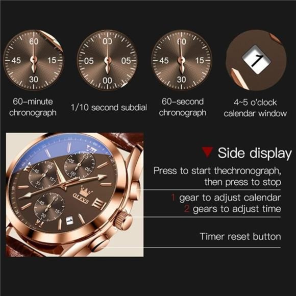 Men's Chronograph Quartz Watches, Leather Strap Gold Case Waterproof - Picture 6 of 6